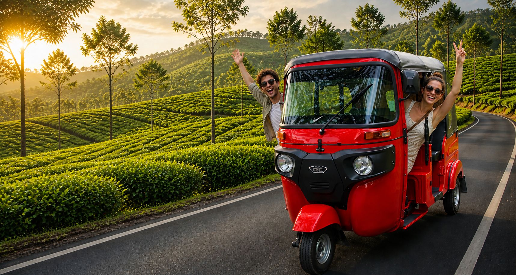 A tuk tuk winding along a mountain road through Nuwara Eliya's tea estates at sunrise